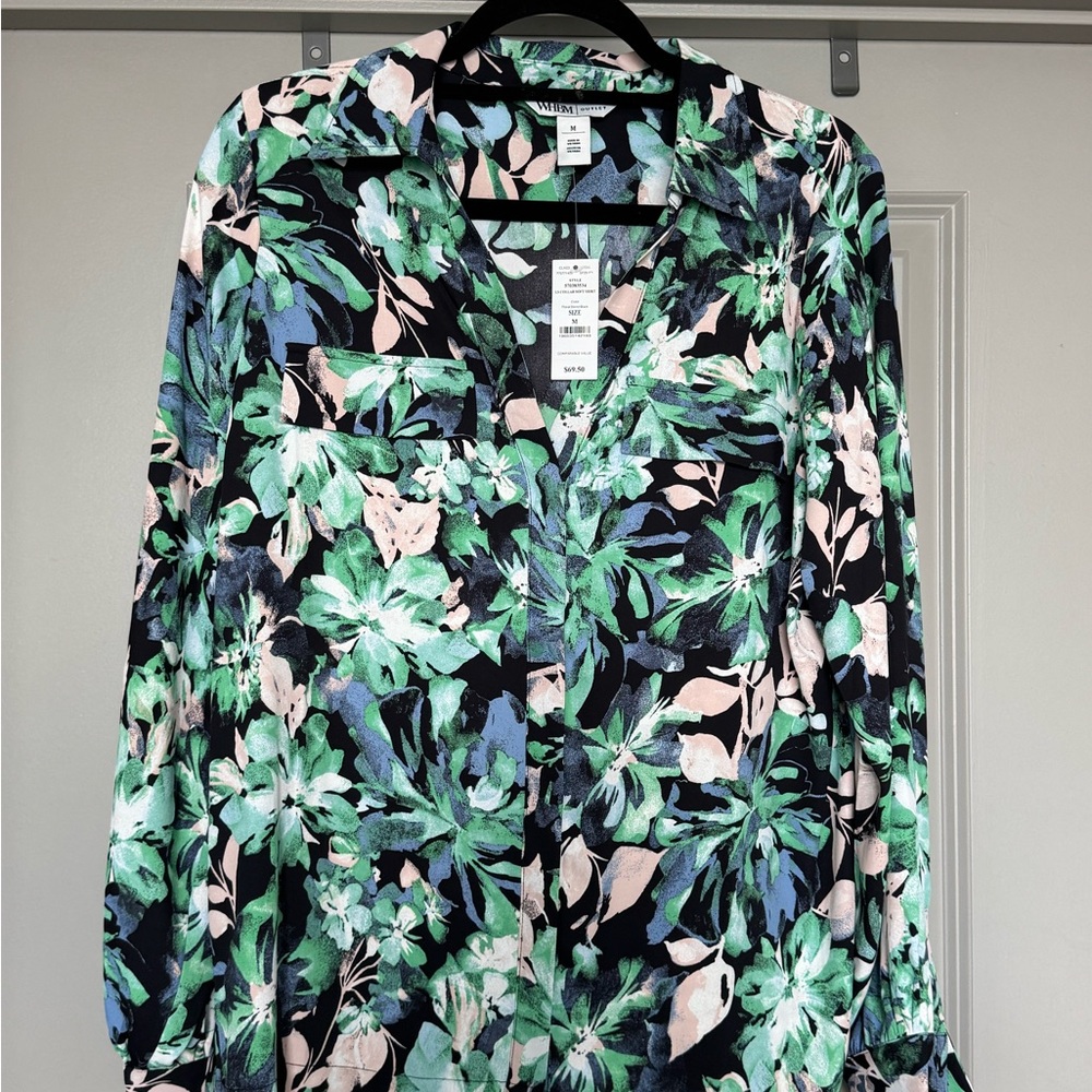 NWT Black Floral Button-Down Blouse with Green and Pink Accents